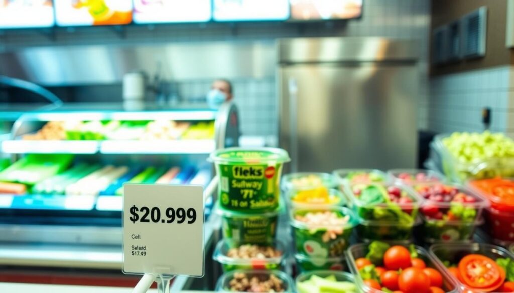 A bright, well-lit deli counter displays an array of fresh, colorful salad ingredients. In the foreground, a price tag prominently showcases the cost of a Subway salad, conveying a sense of value and transparency. The middle ground features a selection of neatly arranged salad containers, inviting the viewer to envision the customizable options available. The background maintains a clean, modern aesthetic, with sleek stainless steel appliances and a tiled backsplash. The overall scene emanates a welcoming, healthy, and cost-conscious atmosphere, reflecting the subject of "Subway Salad Price and Value: What to Expect." A bright, well-lit deli counter displays an array of fresh, colorful salad ingredients. In the foreground, a price tag prominently showcases the cost of a Subway salad, conveying a sense of value and transparency. The middle ground features a selection of neatly arranged salad containers, inviting the viewer to envision the customizable options available. The background maintains a clean, modern aesthetic, with sleek stainless steel appliances and a tiled backsplash. The overall scene emanates a welcoming, healthy, and cost-conscious atmosphere, reflecting the subject of "Subway Salad Price and Value: What to Expect."