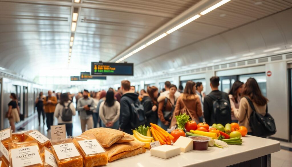 A brightly lit, spacious subway station interior. In the foreground, a selection of allergen-friendly menu items is displayed on a clean, modern countertop - gluten-free breads, dairy-free cheese, and a variety of fresh vegetables. The middle ground features a diverse crowd of commuters, some pausing to peruse the menu options. The background showcases the architectural details of the station, with high ceilings, sleek tiles, and natural light filtering in from large windows. The overall scene conveys a sense of accessibility, health-consciousness, and a welcoming environment for those with dietary restrictions.