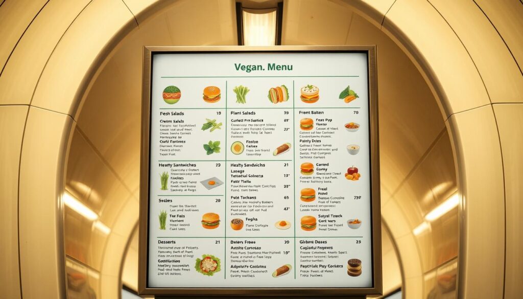A brightly lit subway station backdrop, showcasing a sleek, modern vegan menu board. The menu features a clean, minimalist design with vibrant icons and descriptions of plant-based offerings, including fresh salads, hearty sandwiches, and delectable desserts. The lighting casts a warm, inviting glow, creating a welcoming atmosphere for health-conscious commuters. The menu is positioned at eye-level, allowing for easy navigation and a focus on the diverse vegan and gluten-free options available. The overall scene conveys a sense of convenience, quality, and a commitment to providing nutritious, ethical choices for on-the-go diners.