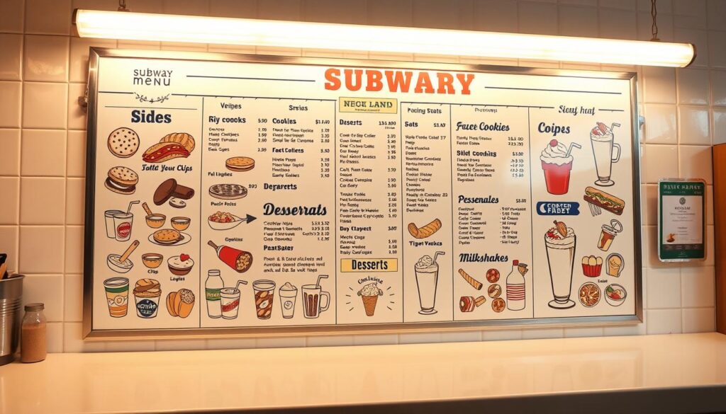 A classic subway menu displayed on a bright, well-lit counter, showcasing a variety of tasty sides, desserts, and beverages. The menu features high-quality, hand-drawn illustrations of items like cookies, chips, soda cans, and milkshakes, all presented in a clean, modern design with a vintage flair. The lighting is warm and inviting, casting a soft glow over the scene, creating an atmosphere of a cozy, neighborhood eatery. The overall composition is balanced, with the menu taking center stage, surrounded by a minimalist background that allows the menu items to shine.