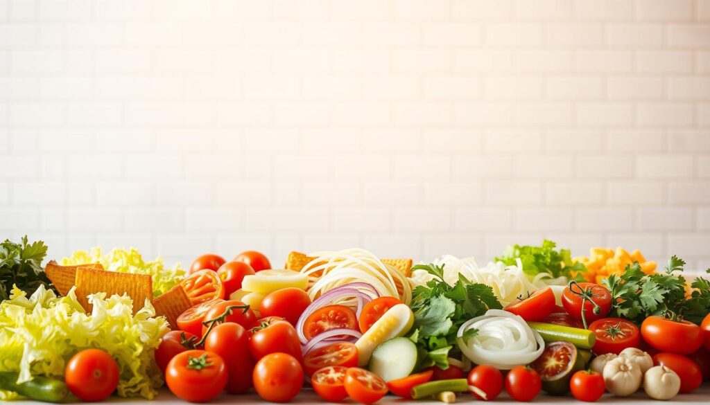 A comprehensive subway toppings list showcased on a clean, minimalist background. In the foreground, an array of classic toppings - crisp lettuce, juicy tomatoes, crunchy pickles, zesty onions, and more - arranged in a neat grid, each item casting a soft shadow. The middle ground features a simple, subway-themed backdrop, perhaps a tiled wall or stainless steel countertop, bathed in warm, diffused lighting. The background is a serene, neutral tone, allowing the toppings to take center stage. The overall mood is one of freshness, customization, and the endless possibilities of a perfect subway sandwich.