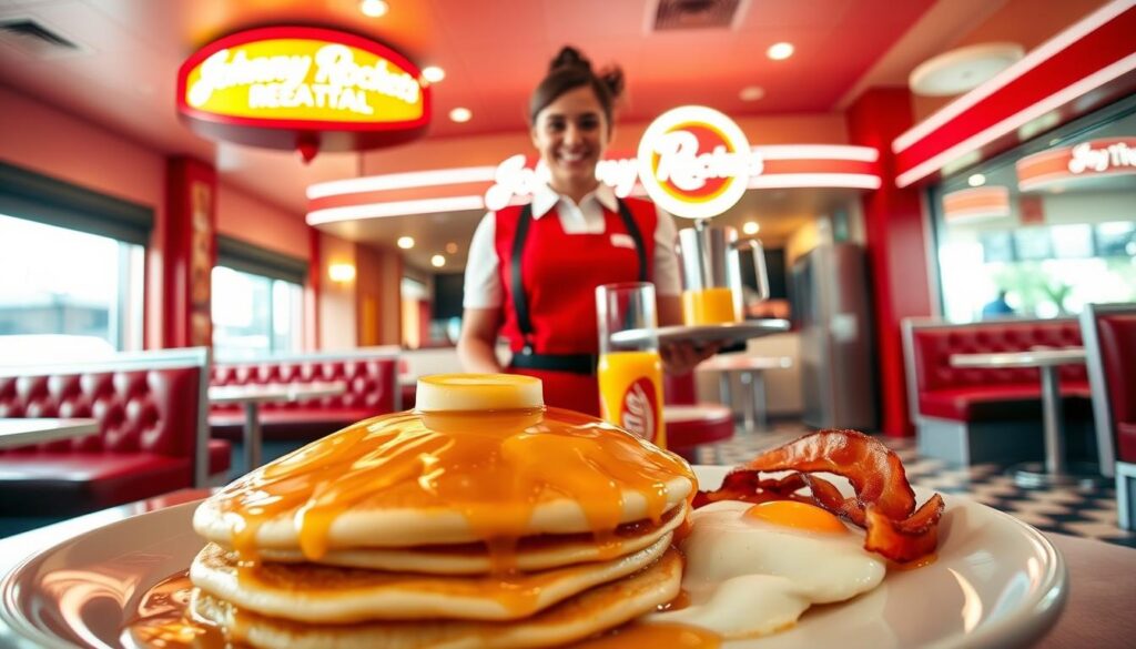 A vibrant Johnny Rockets restaurant interior showcasing the best value breakfast picks. In the foreground, a beautifully plated classic breakfast with fluffy pancakes drizzled with syrup, crispy bacon, and eggs cooked to perfection. In the middle, a cheerful server dressed in a red and white uniform, professionally smiling as they carry a tray with a coffee pot and orange juice. The background features an inviting retro diner ambiance with red vinyl booths, checkered floors, and iconic Johnny Rockets signage, softly illuminated by warm lighting, creating a cozy and welcoming atmosphere. The angle captures the scene from a slightly elevated perspective, emphasizing the delicious food and inviting setting, evoking a sense of nostalgia and excitement for breakfast.