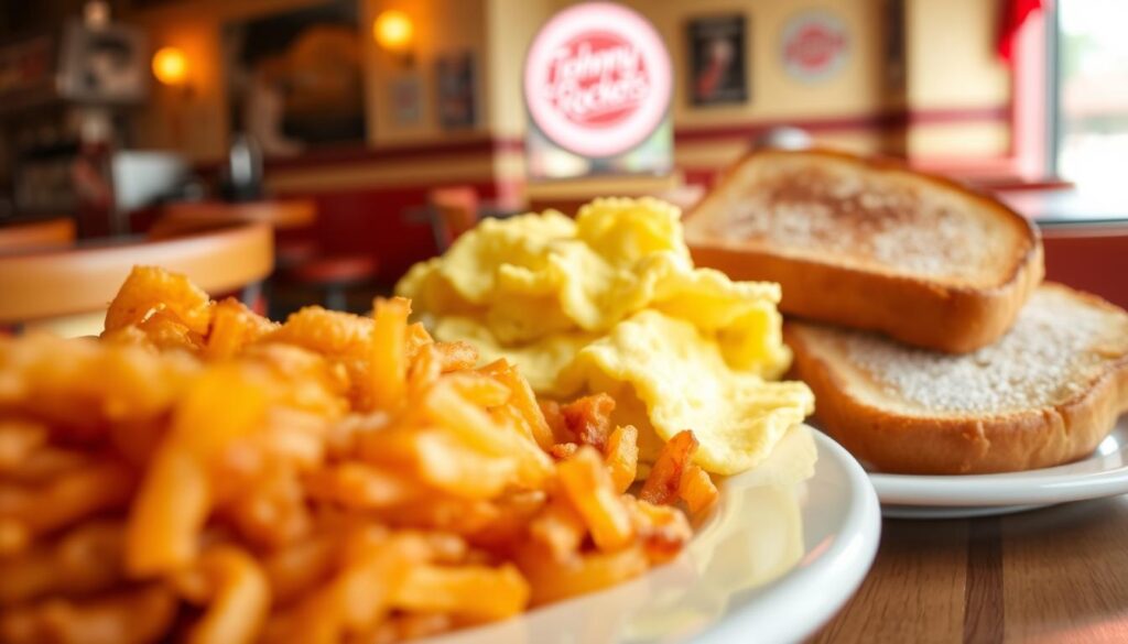 A vibrant and appetizing display of Johnny Rockets breakfast sides, featuring crispy golden hash browns, fluffy scrambled eggs, and a side of buttery toast, all arranged on a classic diner-style plate. In the foreground, the hash browns are perfectly crispy, with steam rising to emphasize freshness. The middle layer includes the scrambled eggs, rich and soft, alongside the toast lightly dusted with powdered sugar. In the background, a cozy diner setting is visible, with retro furnishings and warm lighting that gives the scene an inviting atmosphere. The angle captures the food from a slightly elevated perspective, enhancing the details while ensuring it feels welcoming and homely. The mood is cheerful and breakfast-ready, evoking a sense of comfort and nostalgia.