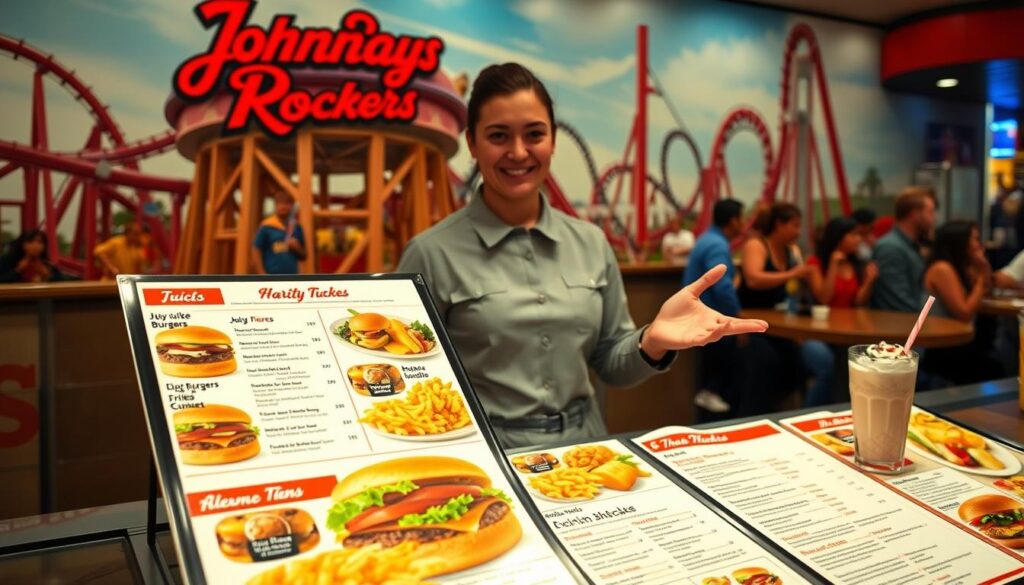 A vibrant and detailed menu display for Johnny Rockets, showcasing the variety of delicious items available at Six Flags. In the foreground, the menu should feature items like juicy burgers, crispy fries, and thick milkshakes, with colorful images and detailed descriptions of each dish. The middle section should include a friendly server in a clean, professional uniform, gesturing towards the menu, exuding a welcoming atmosphere. The background should illustrate a lively Six Flags environment, with hints of roller coasters and excited guests enjoying their meals. The scene should be well-lit, capturing the bright and cheerful ambiance typical of an amusement park setting, with a slight focus on the menu items to emphasize dietary information and allergen considerations. A vibrant and detailed menu display for Johnny Rockets, showcasing the variety of delicious items available at Six Flags. In the foreground, the menu should feature items like juicy burgers, crispy fries, and thick milkshakes, with colorful images and detailed descriptions of each dish. The middle section should include a friendly server in a clean, professional uniform, gesturing towards the menu, exuding a welcoming atmosphere. The background should illustrate a lively Six Flags environment, with hints of roller coasters and excited guests enjoying their meals. The scene should be well-lit, capturing the bright and cheerful ambiance typical of an amusement park setting, with a slight focus on the menu items to emphasize dietary information and allergen considerations.