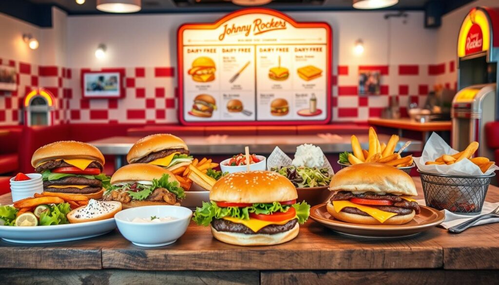 A vibrant and inviting layout of a dairy-free menu showcasing Johnny Rockets' delicious options. In the foreground, display a colorful assortment of dairy-free burgers, salads, and sides, artfully arranged on a rustic wooden table. The middle ground features a stylish menu board with illustrations of the dishes, highlighting vegan-friendly modifications. Soft, warm lighting casts a friendly glow, enhancing the food's appeal. In the background, a retro-style diner setting with red-and-white checkered decor and vintage jukeboxes evokes a nostalgic atmosphere. Capture the image from a slightly elevated angle to emphasize the menu items, creating an inviting and appetizing mood that celebrates inclusivity in dining choices. No text or branding appears in the image. A vibrant and inviting layout of a dairy-free menu showcasing Johnny Rockets' delicious options. In the foreground, display a colorful assortment of dairy-free burgers, salads, and sides, artfully arranged on a rustic wooden table. The middle ground features a stylish menu board with illustrations of the dishes, highlighting vegan-friendly modifications. Soft, warm lighting casts a friendly glow, enhancing the food's appeal. In the background, a retro-style diner setting with red-and-white checkered decor and vintage jukeboxes evokes a nostalgic atmosphere. Capture the image from a slightly elevated angle to emphasize the menu items, creating an inviting and appetizing mood that celebrates inclusivity in dining choices. No text or branding appears in the image.