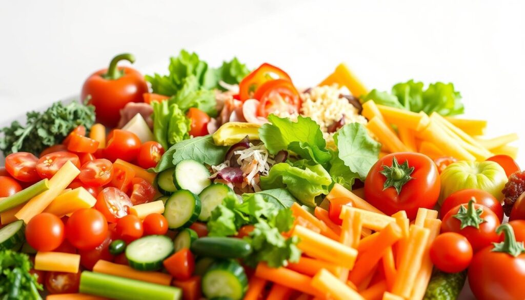 A vibrant array of fresh subway salad toppings artfully arranged against a crisp white backdrop, bathed in soft, natural lighting. In the foreground, an assortment of crunchy vegetables - juicy tomatoes, crisp cucumbers, and colorful bell peppers - create a visually appealing tableau. The middle ground features tender leafy greens, savory meats, and creamy cheese, inviting the viewer to envision a customizable salad masterpiece. In the background, a subtle gradient transitions to a clean, minimalist setting, allowing the fresh ingredients to take center stage. The overall composition conveys a sense of health, freshness, and culinary potential, perfectly capturing the essence of the "Top Subway Salad Toppings and Dressings to Try" section. A vibrant array of fresh subway salad toppings artfully arranged against a crisp white backdrop, bathed in soft, natural lighting. In the foreground, an assortment of crunchy vegetables - juicy tomatoes, crisp cucumbers, and colorful bell peppers - create a visually appealing tableau. The middle ground features tender leafy greens, savory meats, and creamy cheese, inviting the viewer to envision a customizable salad masterpiece. In the background, a subtle gradient transitions to a clean, minimalist setting, allowing the fresh ingredients to take center stage. The overall composition conveys a sense of health, freshness, and culinary potential, perfectly capturing the essence of the "Top Subway Salad Toppings and Dressings to Try" section.