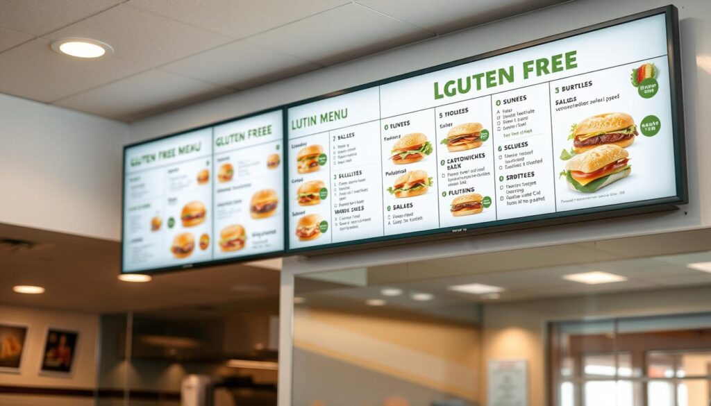 A well-lit, high-resolution photograph of a subway restaurant's gluten-free menu board. The menu board is displayed prominently on the wall, showcasing various gluten-free sandwich and salad options. The foreground features a clean, minimalist design with clear font and contrasting colors to make the menu easily readable. The middle ground shows the subway restaurant's interior, with neutral-toned decor and lighting that creates a warm, inviting atmosphere. The background subtly blurs to focus attention on the menu board. The overall image conveys a sense of health-consciousness, attention to dietary needs, and the subway restaurant's commitment to providing safe and delicious gluten-free options.