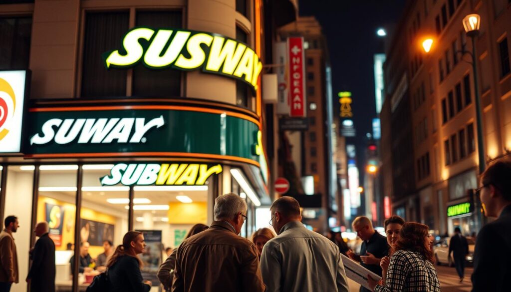 A well-lit street corner in a bustling city, a Subway restaurant prominently displayed with its iconic signage. In the foreground, a group of people are gathered, examining a menu and discussing catering options for an upcoming event. The scene is captured from an angle that showcases the restaurant's exterior and the surrounding urban environment, creating a sense of place and context. The lighting is warm and inviting, casting a soft glow on the scene, and the camera's depth of field emphasizes the focus on the catering discussion in the foreground. The overall atmosphere conveys the convenience and accessibility of Subway catering for local events. A well-lit street corner in a bustling city, a Subway restaurant prominently displayed with its iconic signage. In the foreground, a group of people are gathered, examining a menu and discussing catering options for an upcoming event. The scene is captured from an angle that showcases the restaurant's exterior and the surrounding urban environment, creating a sense of place and context. The lighting is warm and inviting, casting a soft glow on the scene, and the camera's depth of field emphasizes the focus on the catering discussion in the foreground. The overall atmosphere conveys the convenience and accessibility of Subway catering for local events.