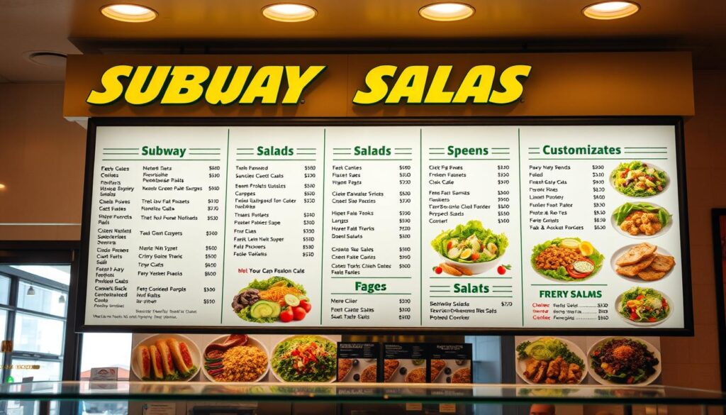 An elegantly designed subway salads menu board, showcased in a bright and airy deli setting. The menu features a variety of fresh, customizable salad options arranged in a clean, minimalist layout. Crisp lettering and eye-catching imagery highlight the nutritious ingredients, from leafy greens to protein-packed toppings. Warm lighting casts a soft glow, creating an inviting atmosphere. The scene is captured from a slightly elevated angle, emphasizing the menu's prominence and the overall sense of a healthful, appealing dining experience.